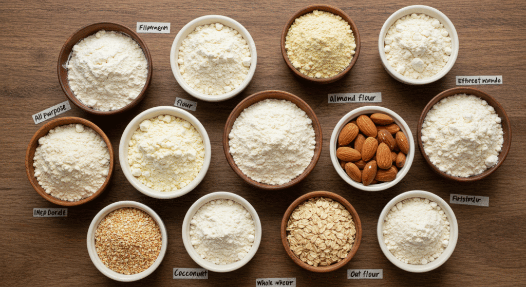 Different types of flour in labeled bowls on a wooden table, including all-purpose, corn, almond, and coconut flour.