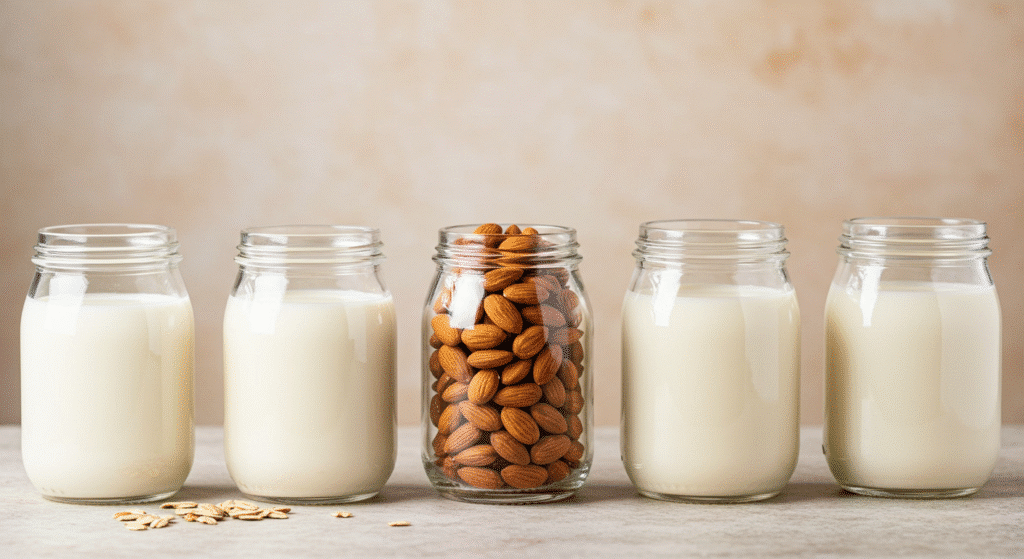 Visual comparison of traditional dairy and plant-based milk types with usage labels