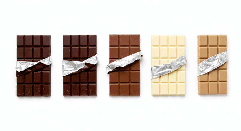 Chocolate bars arranged by cocoa percentage from dark to white chocolate showing color progression