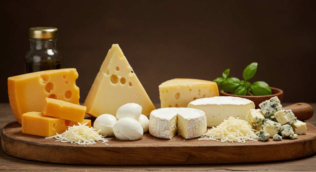 Various types of cheese arranged on wooden cutting board including cheddar, mozzarella, brie, and parmesan