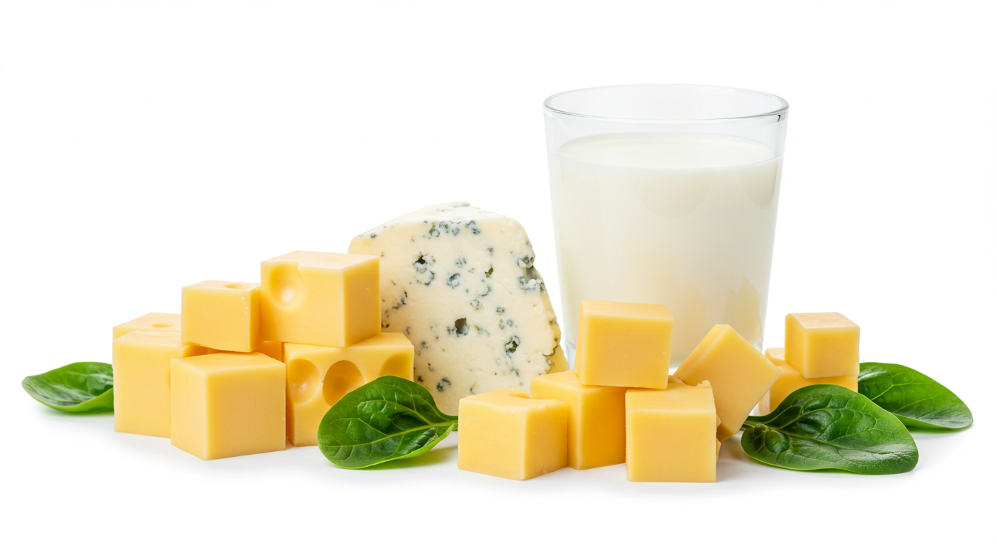 Calcium-rich foods including cheese cubes, milk, and leafy greens showcasing nutritional benefits
