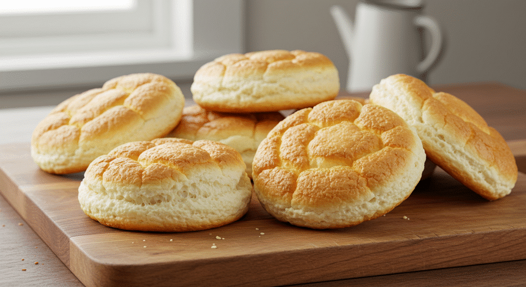 High protein cloud bread pieces on wooden cutting board