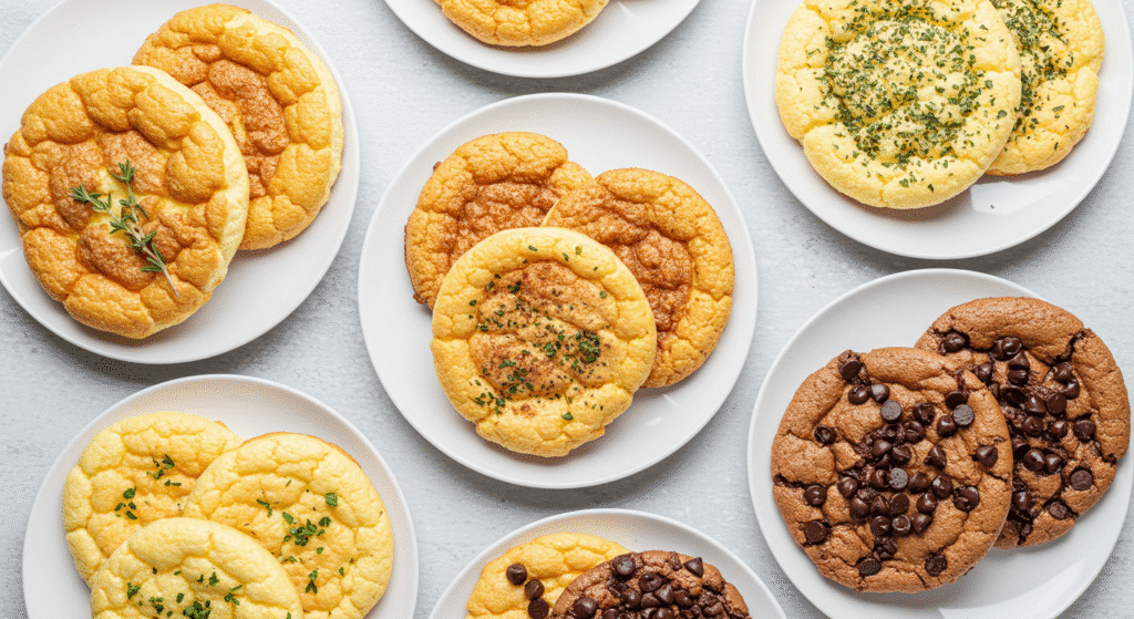 Different variations of high protein cloud bread with toppings