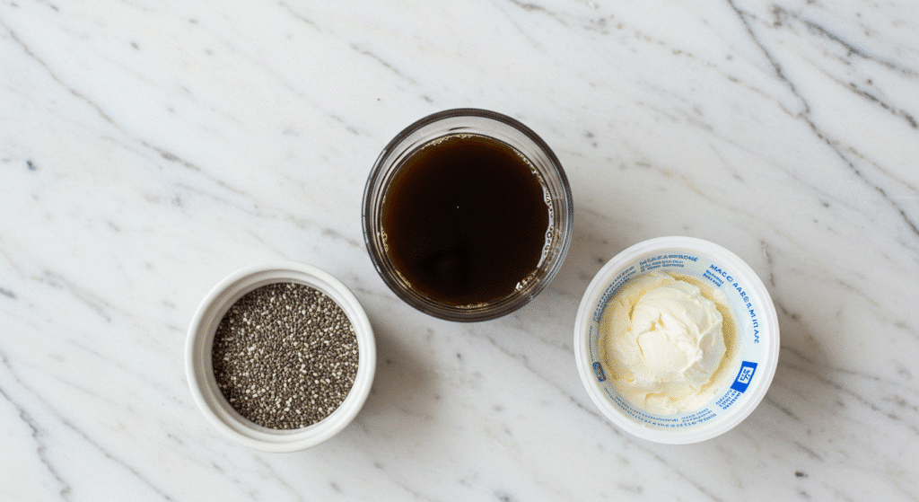 Three ingredients for tiramisu chia pudding: chia seeds, coffee, and mascarpone cheese
