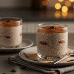 Elegantly served tiramisu chia pudding with coffee bean garnish and cocoa dusting