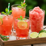 Four creative variations of watermelon limeade with different garnishes and styles