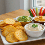 Cottage cheese chips served with healthy dips and fresh vegetables