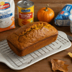 Freshly baked pumpkin bread with self rising flour cooling on wooden counter with ingredients