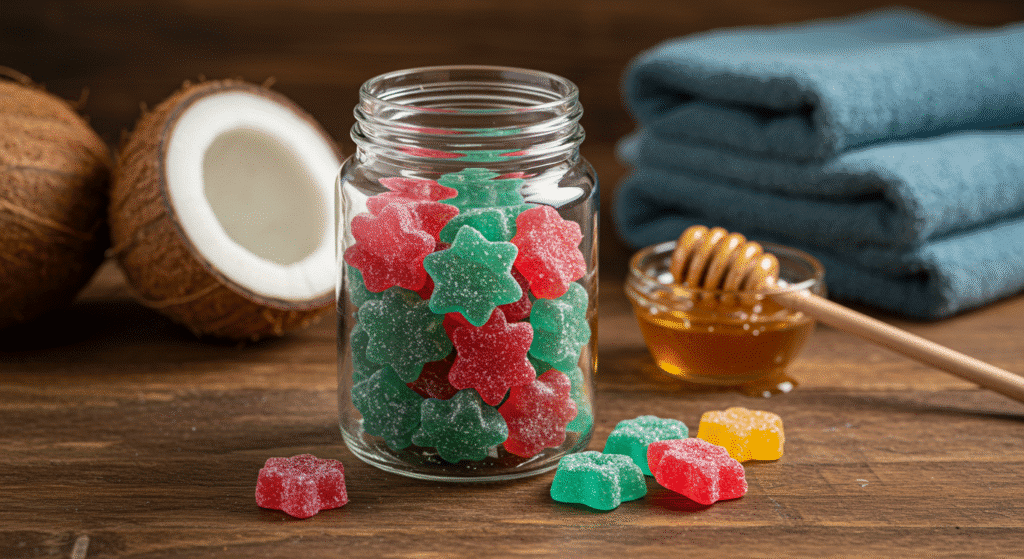 Homemade electrolyte gummies in fun shapes on a rustic kitchen counter