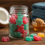 Homemade electrolyte gummies in fun shapes on a rustic kitchen counter