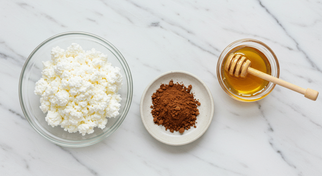 Three ingredients for cottage cheese chocolate ice cream: cottage cheese, cocoa powder, and honey