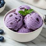 Homemade blueberry and cottage cheese ice cream in white bowl with fresh blueberries