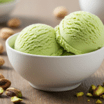 Creamy cottage cheese pistachio ice cream scoops in white bowl with pistachios