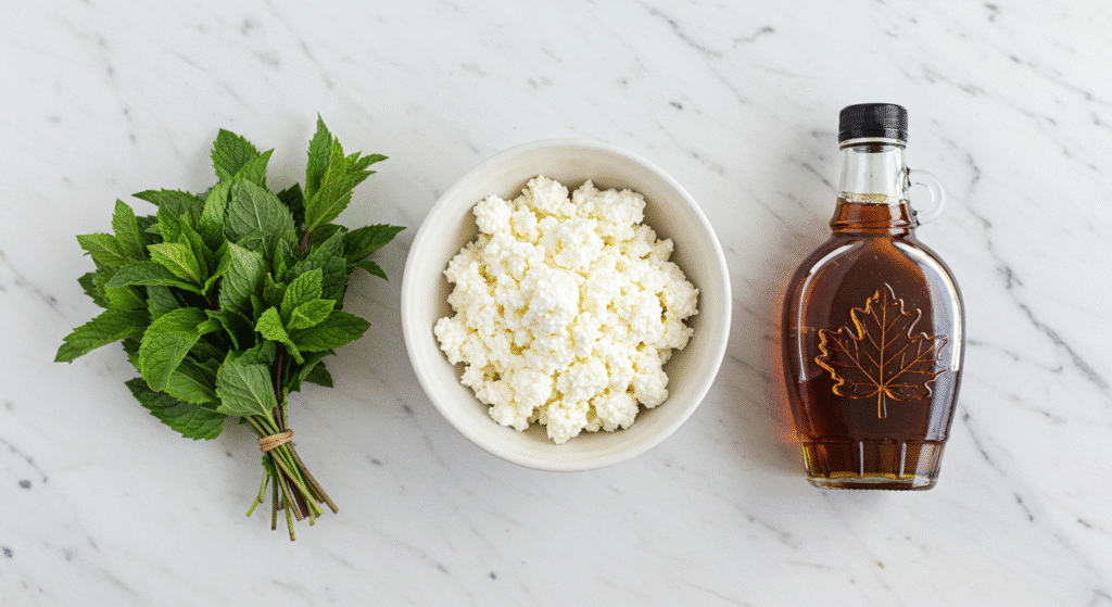 Three ingredients for cottage cheese mint ice cream - cottage cheese, maple syrup, fresh mint