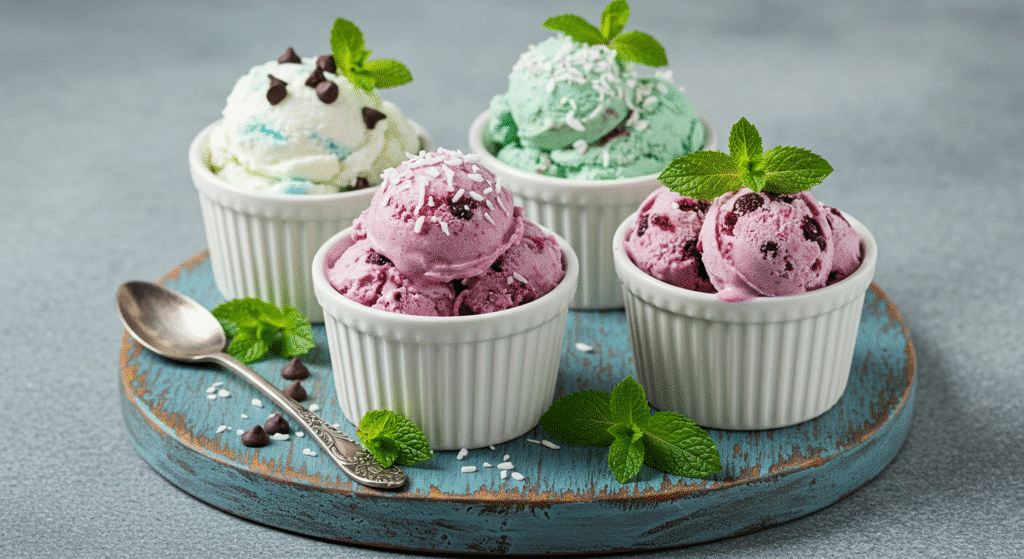 Four cottage cheese mint ice cream variations with different mix-ins and toppings