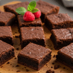 Healthy 3 ingredient brownies cut into squares on wooden cutting board with raspberries