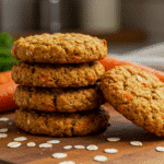Golden carrot and oatmeal cookies stacked on wooden board with fresh carrots and oats