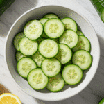 Fresh cucumber lemon salt salad in white bowl with ingredients on marble counter