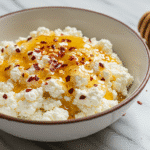 Hot honey drizzled over cottage cheese in a white bowl with chili flakes