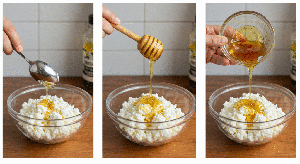 Step-by-step of assembling hot honey cottage cheese bowl