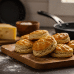 Freshly baked 3 ingredient sausage biscuits on wooden cutting board