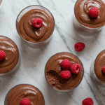 Rich chocolate mousse in glass cups with raspberry garnish