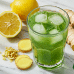 Brazilian Mounjaro recipe 3 ingredients drink in glass with lemon ginger and green tea