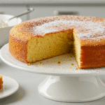 Golden 3-ingredient Greek yogurt cake on white cake stand with ingredients displayed